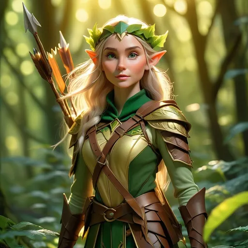 Prompt: (Elf ranger) in a mystical forest, surrounded by sunlit rays filtering through dense foliage, vibrant green leaves, ethereal atmosphere, (enchanted woods), soft golden glows, intricate details in ranger's attire, a quiver of arrows at their back, dappled sunlight creating a magical ambiance, high quality, ultra-detailed, serene and tranquil mood, nature's beauty, captivating scenery.