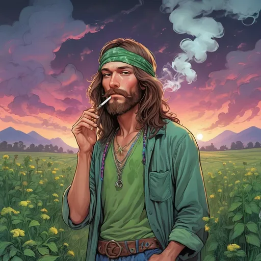 Prompt: Comic art style Green pasture of weed plants with hippie standing in fields trimming plants and Smoking a joint at twilight portrait 