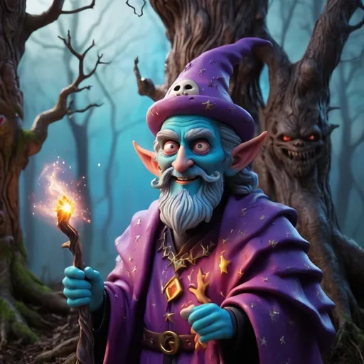 Prompt: Claymation style vibrant wizard with magic wand talking to tree with face of demon smile back with black shiny eyes