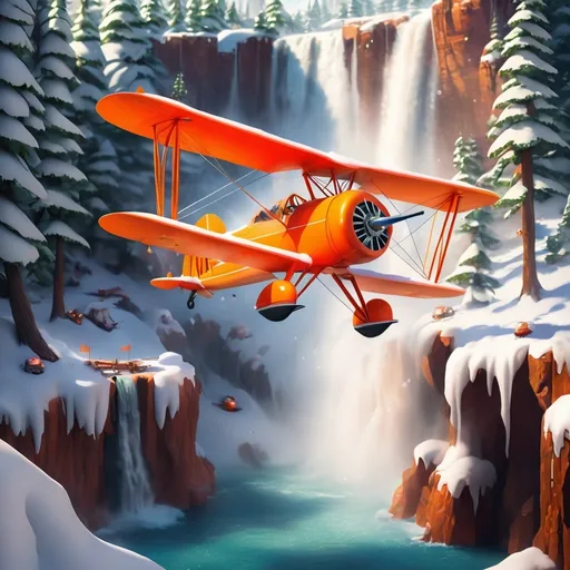 Prompt: Claymation style orange biplane with pontoons flying through a forest of waterfalls and snow covered trees with a cliff face lesding to light shining through from sunlight at morning 