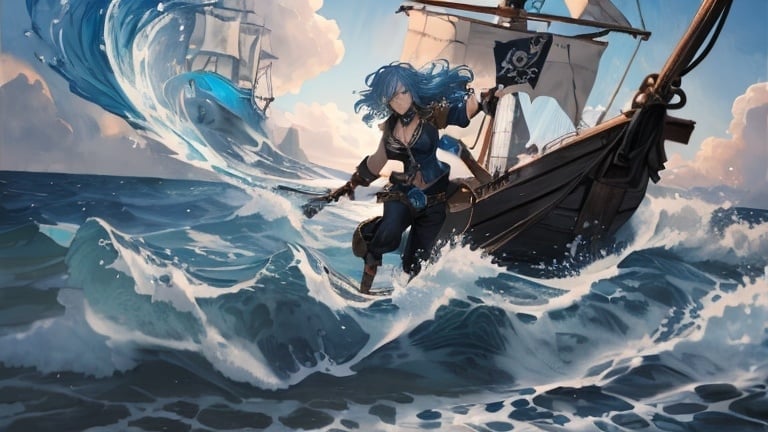 Prompt: Female pirate fighting with a cutlass and water waves, blue hair, boat, ocean, landscape