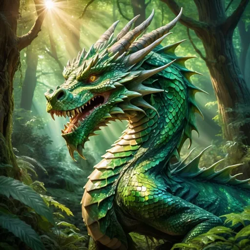 Prompt: Majestic dragon in a mystical forest, vibrant green scales shimmering in the sunlight, detailed and fierce expression, ancient and powerful creature, high quality, fantasy, vibrant colors, detailed scales, mystical forest setting, sunlight filtering through the trees, atmospheric lighting