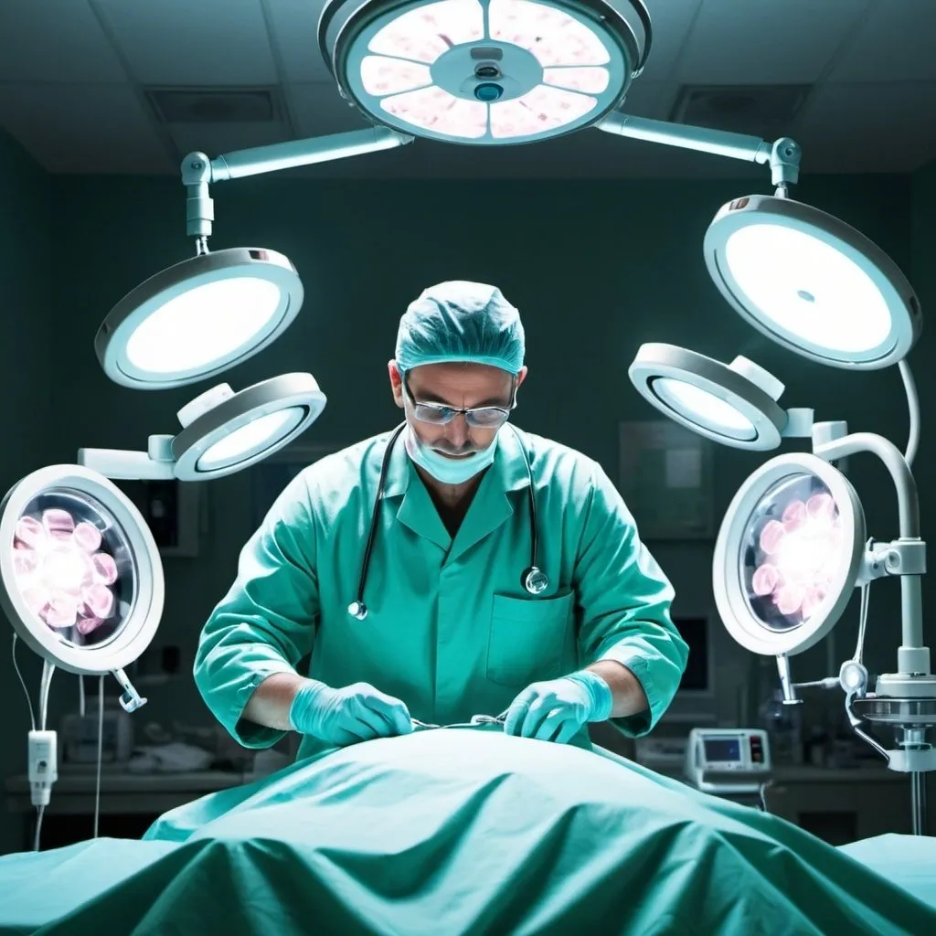 Prompt: Create an image of a doctor in an operating room with surgical lights and equipment.