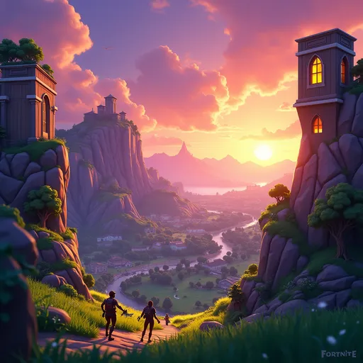 Prompt: paesaggio di fortnite e una città che è pinnacoli pendenti
e sta tramontando il sole
