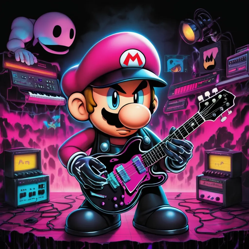 Prompt: dark, emo, synthwave, paper mario, band