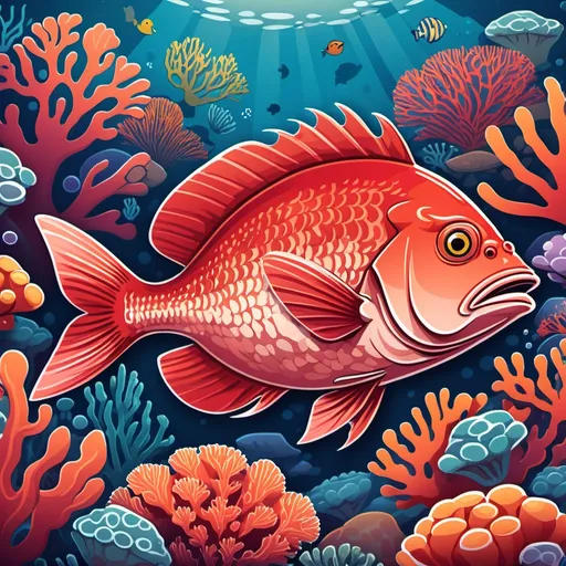 Prompt: Cartoonish Red Snapper Reef Wallpaper:

	•	Central Focus: A playful, cartoon-style red snapper with exaggerated features—big, friendly eyes, and vibrant red and orange colors.
	•	Background: A whimsical coral reef with stylized, bright-colored corals and sea plants. Use bold outlines and simple shapes for the corals and marine life.
	•	Additional Elements: Include other cartoonish sea creatures like smiling sea turtles, cheerful clownfish, and colorful starfish, adding to the lively and fun atmosphere.
	•	Color Palette: Use bright, saturated colors with strong contrasts—vivid reds, blues, greens, and yellows—to make the design pop.
	•	Style: Keep the design clean and cheerful with minimal detail to ensure it serves as an engaging yet non-distracting backdrop for chat.

This cartoonish approach will create a fun and engaging wallpaper that’s ideal for a lively chat environment. Keep it very plain and simple