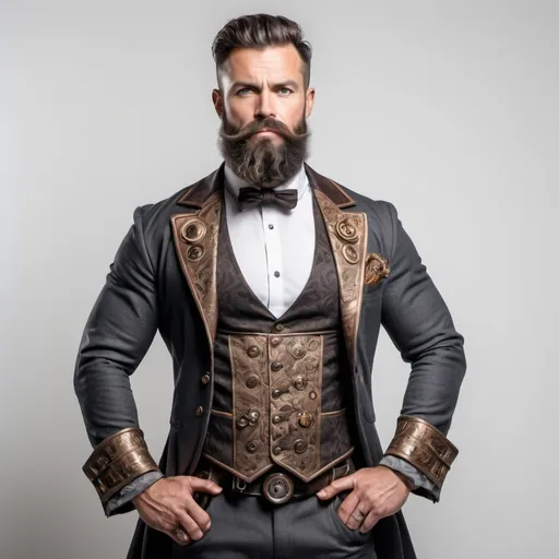 Prompt: un bel homme debout petit un peu musclé légère barbe 34 ans, dans des habits ultra luxueux et futuriste steampunk lumineux un beau costard masculin,
l'homme est entier sur fond blanc 