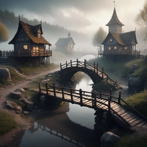 Prompt: small settlement, foggy, bridge and river, dramatic fantasy settlement scene, cinematic lighting