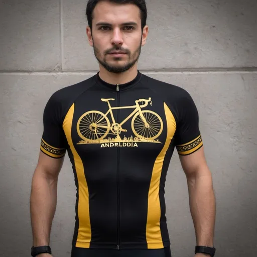 Prompt: Create a cycling t-shirt; in MTB mode, in the predominant color black with gold details; written "Bikers from Andrelândia".
