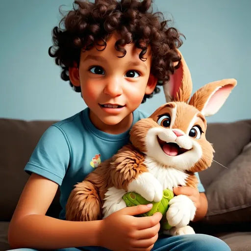 Prompt: Disney style gamer boy with a pet fluffy brown bunny as a pet and a happy smile, vibrant colors, sunny
