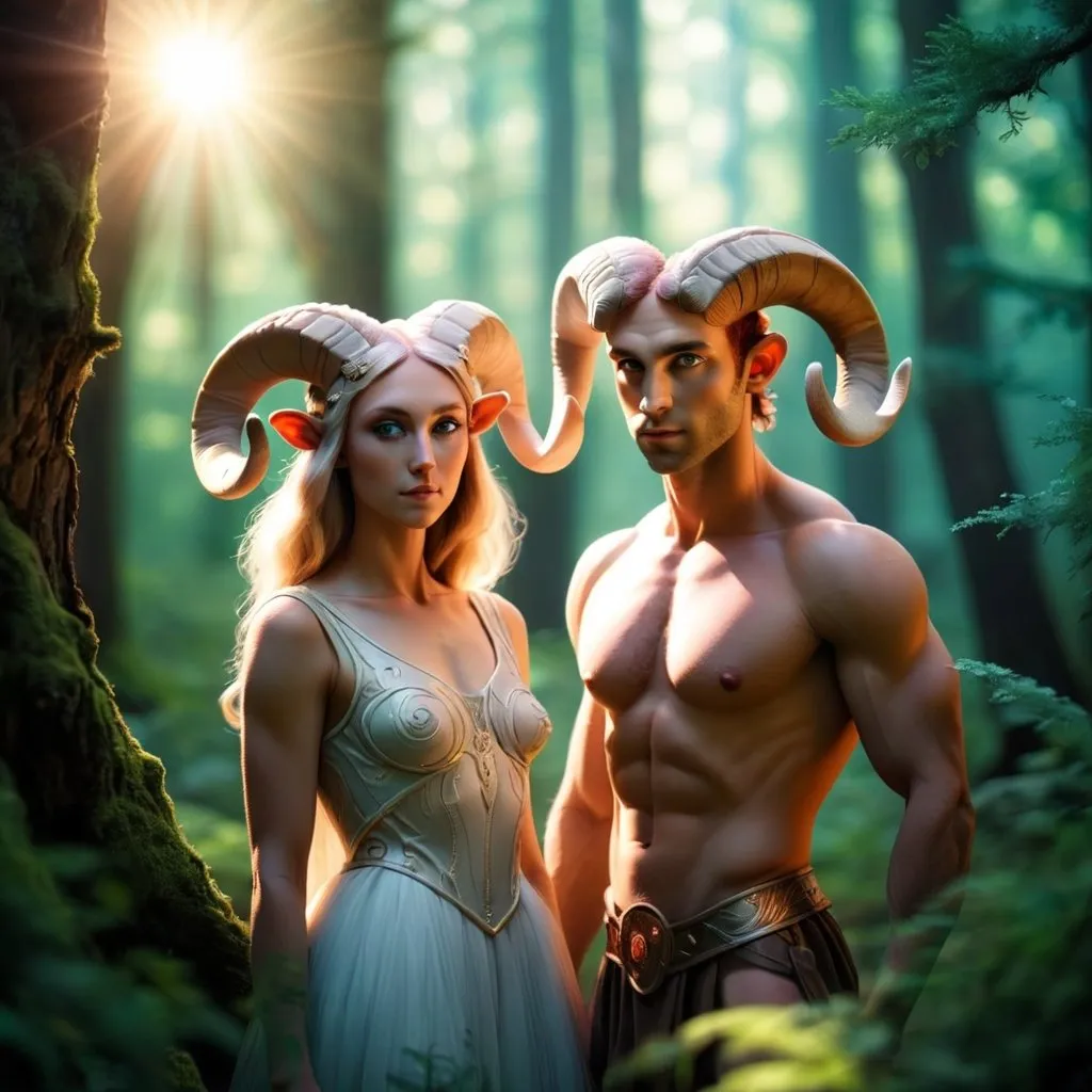 Prompt: aries male and female in a mystical forest around sunlight
