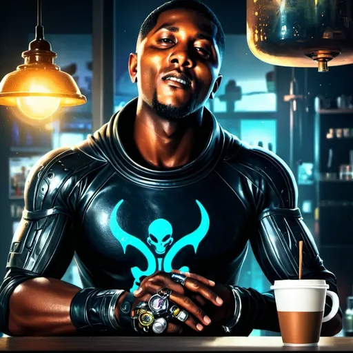 Prompt: Anime cyberpunk style, aquarius man in coffee shop, highly detailed, HD, dark background