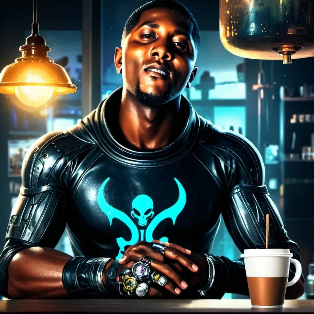 Prompt: Anime cyberpunk style, aquarius man in coffee shop, highly detailed, HD, dark background