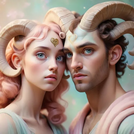 Prompt: Dreamy pastel portrait, of an aries male and female, in a ethereal atmosphere, soft focus