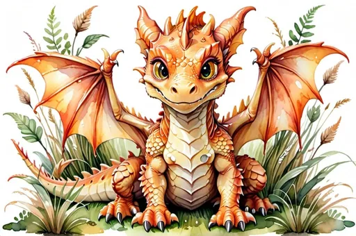 Prompt: Cute little copper-colored dragon sitting on a patch of grass with its two small wings folded on its back, watercolor, detailed scales, playful expression, warm tones, whimsical, high quality, watercolor, cute, detailed scales, playfu, whimsical, artistic, professional