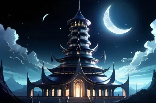 Prompt: Anime illustration of a fantastic tower with crescent moon-shaped top, cool tones, epic fantasy, detailed design, sleek architecture, dramatic lighting, ultra-detailed, anime, crescent moon tower, sleek design, professional, atmospheric lighting