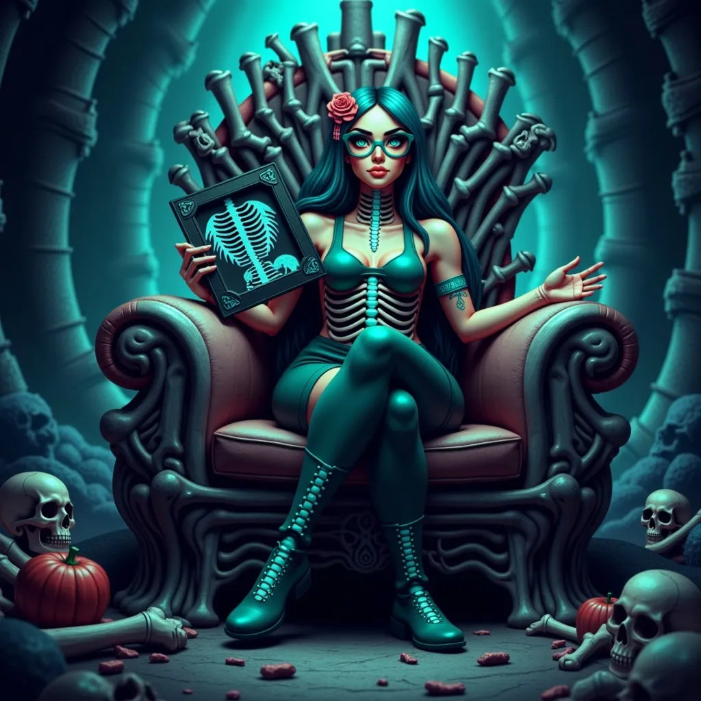 Prompt: @SfJpzJEnwGJ6NqR4pBt5 Sitting on a throne of bones, holding an mri of a spine.