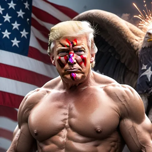 Prompt: 8k photograph of muscular American patriot with Donald Trump's face celebrating Fourth of July