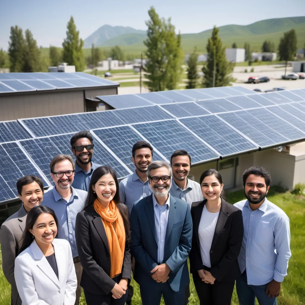 Prompt: A hopeful image of diverse people ( asian , iraninan , canadian , black ) smiling outside a green energy provider with solar panels and turbins outside of a community center building 