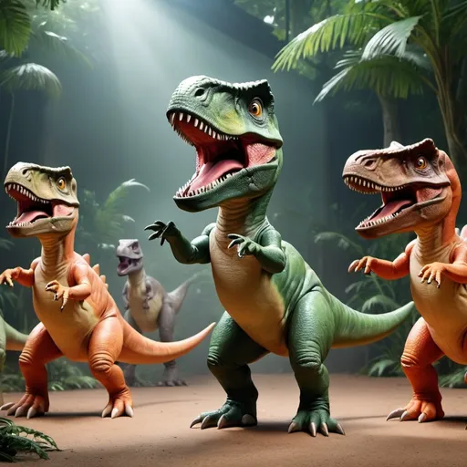 Prompt: Animations of dinosaurs dancing in a Jurassic park and children dressed up as dinosaurs.
