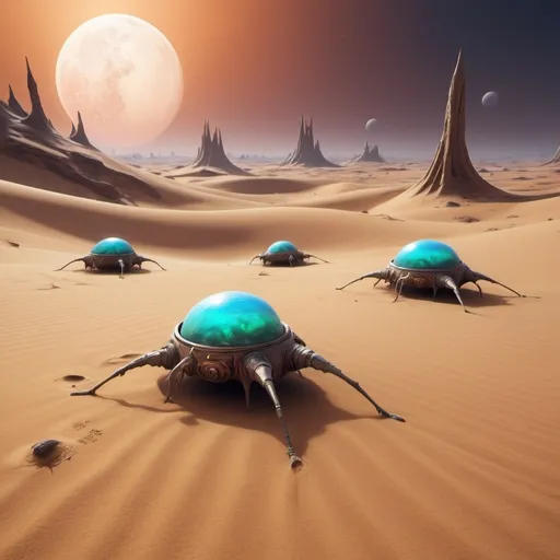 Prompt: "A vast desert on a strange planet, with sand dunes that change color throughout the day. Insectoid-looking creatures move beneath the surface, and in the sky, two twin moons shine brightly."