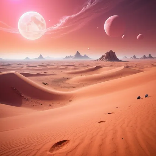 Prompt: "A vast desert on a strange planet, with sand dunes that change color throughout the day. Insectoid-looking creatures move beneath the surface, and in the sky, two twin moons shine brightly."