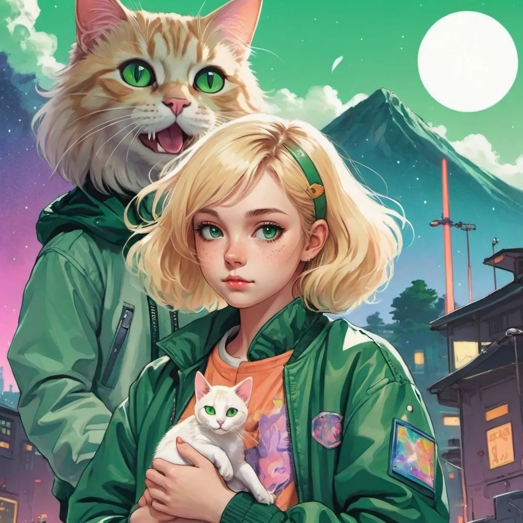 Prompt: The cover of a novel, a young girl medium length blonde hair, wearing a green bomber jacket, holding a cat, anime style, psychedlic, galactic cat