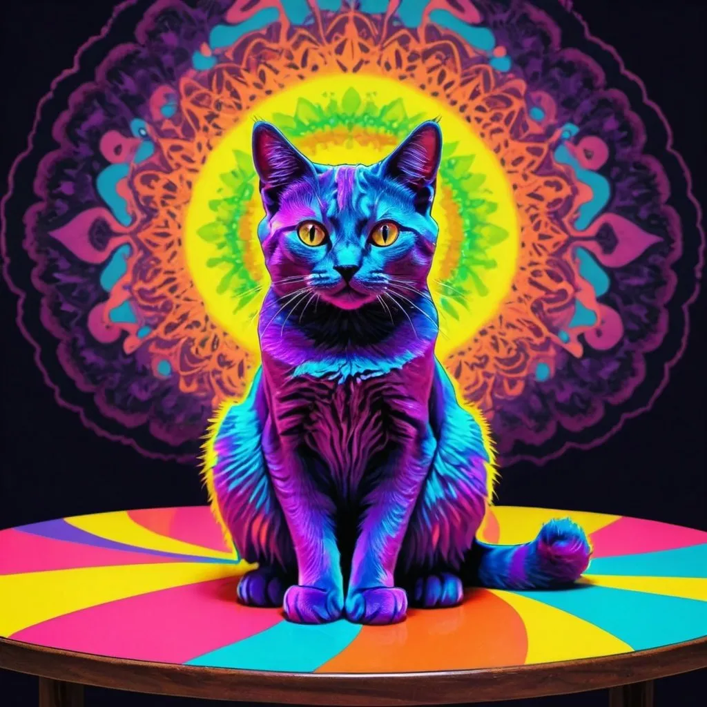Prompt: A cat sitting on a table, psychedelic style