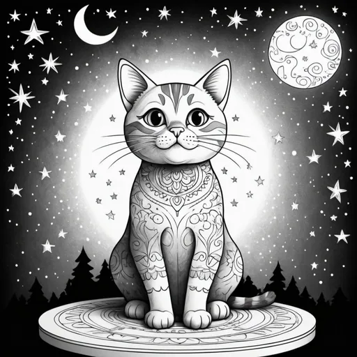 Prompt: A cat sitting on a table, looking up at a starry sky, psychedelic style, coloring page, mandala, simple lines for a child to draw, whtie background, the art is for a child to color in