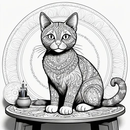 Prompt: A cat sitting on a table, psychedelic style, coloring page, mandala, simple lines for a child to draw