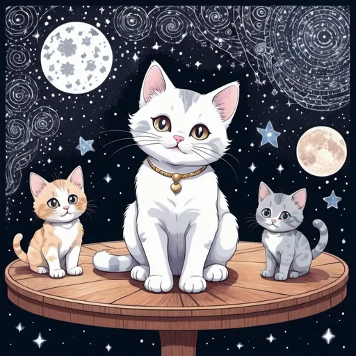 Prompt: A cat sitting on a table, looking up at a starry sky, psychedelic style, coloring page, mandala, simple lines for a child to draw, white background, the cat has several kittens with her, anime
