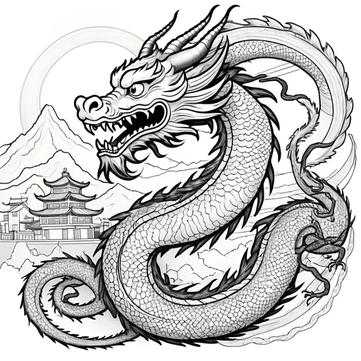 Prompt: A coloring page style image of a chinese dragon spiraling over portland oregon. The background is white and the lines are simple so a young child can fill in the colors.