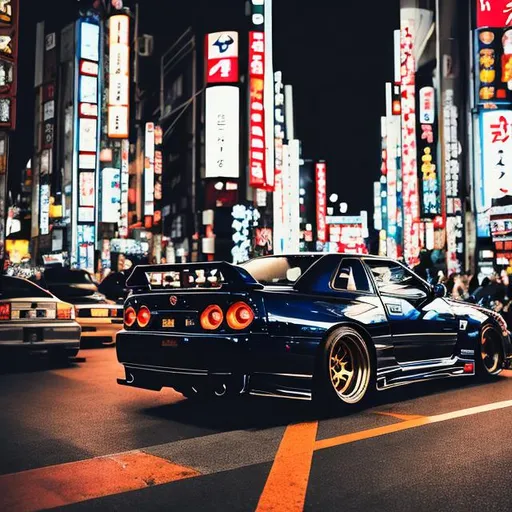 Prompt: Nissan Skyline GT-R R34, at Tokyo street, on night, with Neon style