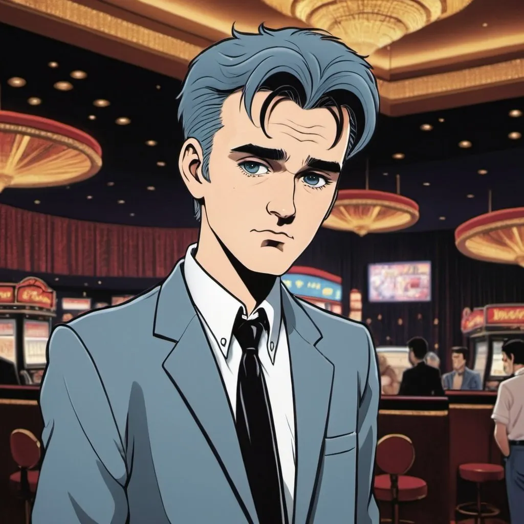 Prompt: Anime young Morrissey in Vegas 