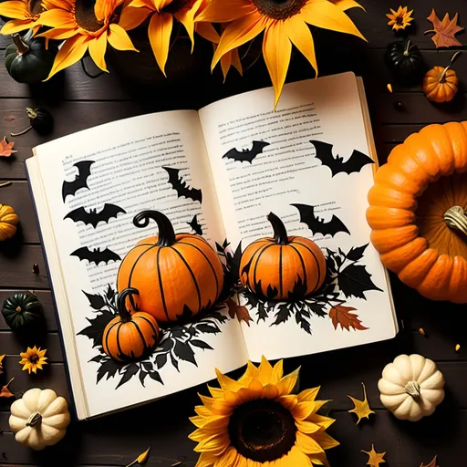 Prompt: prompt: a fall night with pumpkins, bats, sunflowers in middle of page Welcome