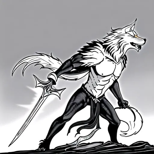 Prompt: Fang - The Wolf's Tooth Blade

Fang is an imposing and unique weapon, forged from the colossal fang of a legendary wolf. The blade itself is a gleaming white, with subtle natural striations that run its length, hinting at its organic origin. The entire sword exudes a primal and almost feral energy.

Blade:

The blade is slightly curved, reminiscent of a scimitar, but broader and more robust.
Its surface is polished to a mirror finish, reflecting light with a ghostly sheen.
The edge is razor-sharp, with a serrated section near the hilt that resembles the natural jaggedness of a wolf's tooth.
The tip of the blade is slightly hooked, perfect for ripping and tearing, adding to its menacing appearance.
Hilt:

The hilt is wrapped in dark, supple leather, providing a comfortable and secure grip.
The crossguard is minimalistic, forged from blackened steel, with wolf motifs engraved on either side.
Just above the crossguard, a silver wolf head adorns the base of the blade, its eyes set with small, glinting sapphires that seem to watch over the wielder.
Pommel:

The pommel is shaped like a wolf’s paw, crafted from the same blackened steel as the crossguard.
It is finely detailed, with each claw sharp and distinct, adding balance to the weapon and serving as a blunt force option in close combat.
Overall:

The sword is imbued with a faint, almost mystical glow that becomes more pronounced under the moonlight, suggesting an enchantment or blessing from the spirit of the giant wolf.
When swung, Fang emits a low, eerie howl, reminiscent of a wolf’s cry, striking fear into the hearts of enemies.
This blade is not just a weapon but a symbol of the wielder’s connection to the wild and their dominance over nature’s fiercest predators. Fang is a relic of power, respect, and a deep bond with the legendary wolf from which it was forged. just the sword 