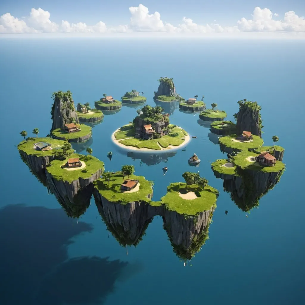 Prompt: 12 Floating islands around a central floating island