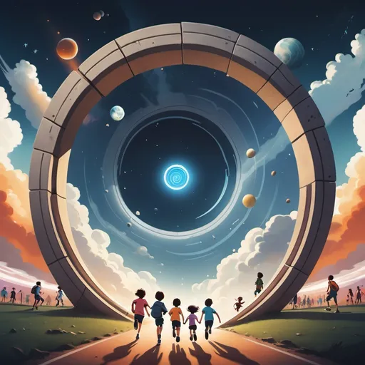 Prompt: a poster of kids walking home and looking up and a portal in the sky and people running