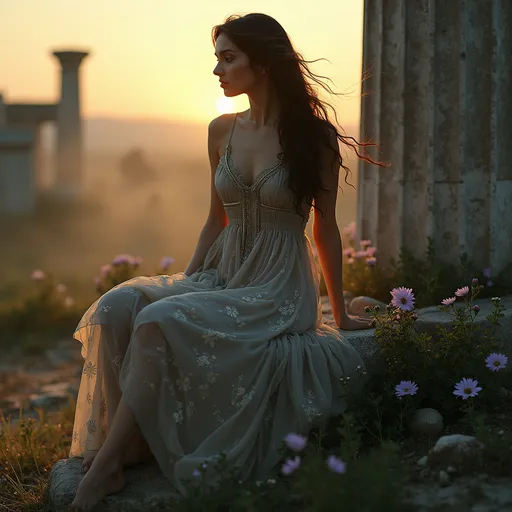Prompt: A woman with Dark hair and eyes as black as night is sitting on a fallen Greek coulome.