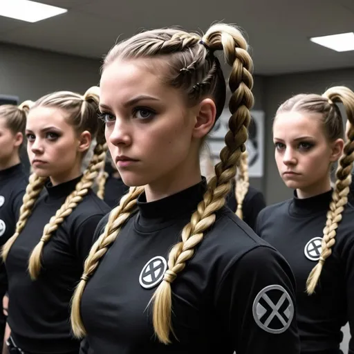 Prompt: Hive assimilates Inhuman S.H.I.E.L.D. Cadets and turns them into compliant, docile Neo Nazi fitness cultist girls with pigtails, Dutch braids and glowing golden eyes