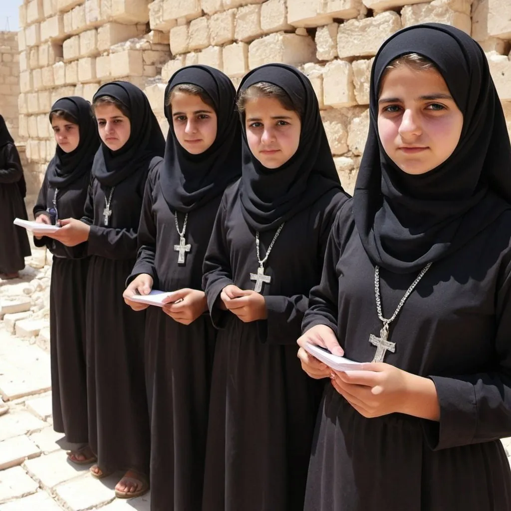 Prompt: Western girls being indoctrinated by Nazarene cult in Syria 