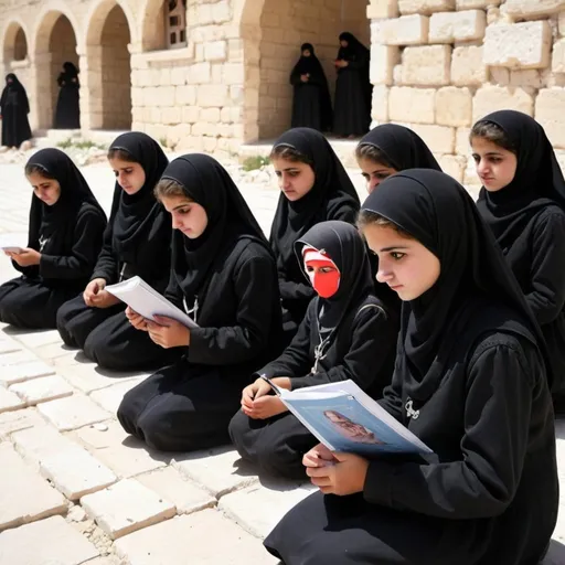 Prompt: Western girls being indoctrinated by Nazarene cult in Syria 