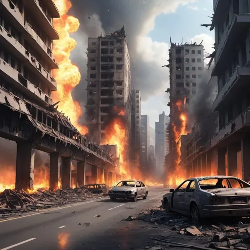 Prompt: make me an anime styiled destroyed city with fire in the background and destroyed cars, not a futuristic city kind of a normal one with high buildings and stuff the chamera is like from a human perspective, make a path near a road in that destroyed city