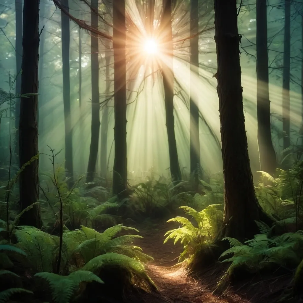 Prompt:  mystical forest around sunlight