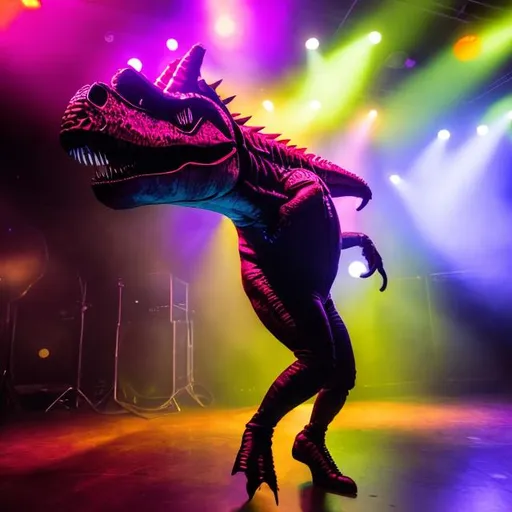 Prompt: lesbian t-rex dancing to Mitski and Fiona Apple at a gay bar