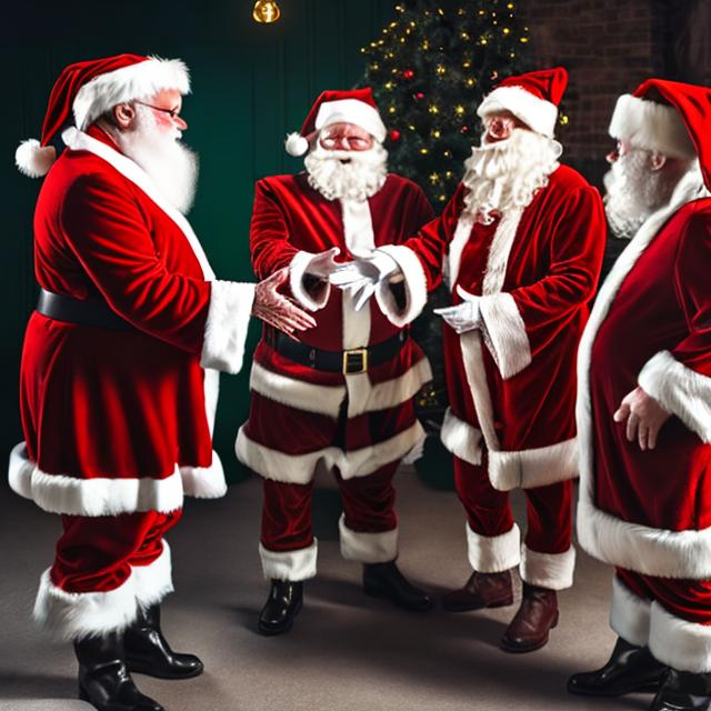 Prompt: over 3 Santas harshly interrogating each other and pointing fingers at one another