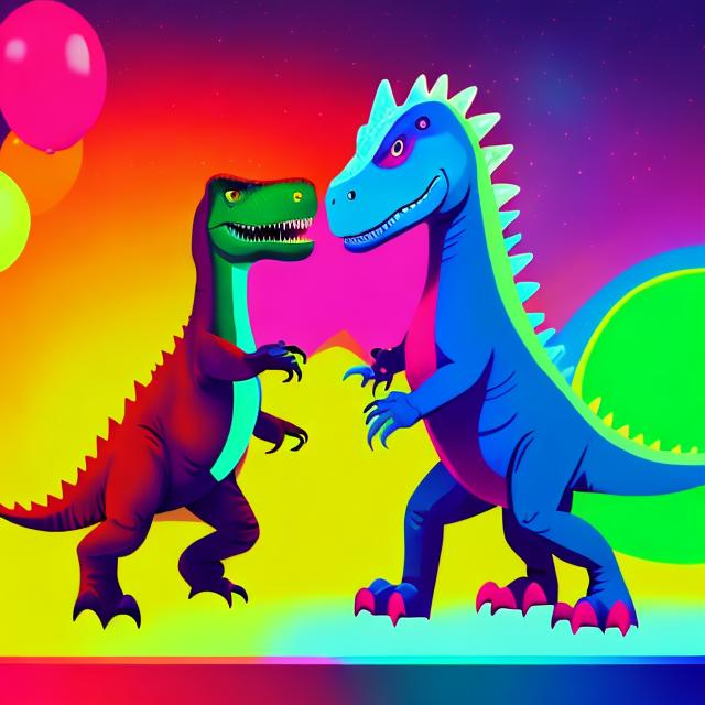 Prompt: cute shy lesbian t-rex dancing with another dinosaur to Mitski and Fiona Apple at a gay bar
