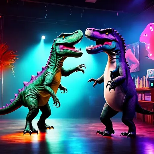 Prompt: cute lesbian t-rex dancing with another dinosaur to Mitski and Fiona Apple at a gay bar