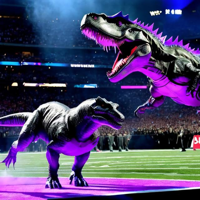 Prompt: bi t-rex dancing to Lady Gaga Born This Way Super Bowl Half-Time Show