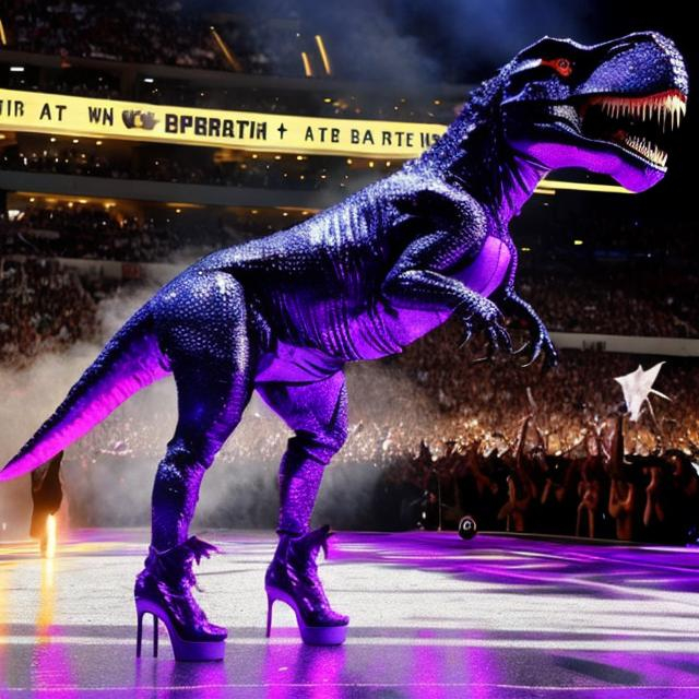 Prompt: bi t-rex dancing to Lady Gaga Born This Way Super Bowl Half-Time Show wearing high-heeled boots